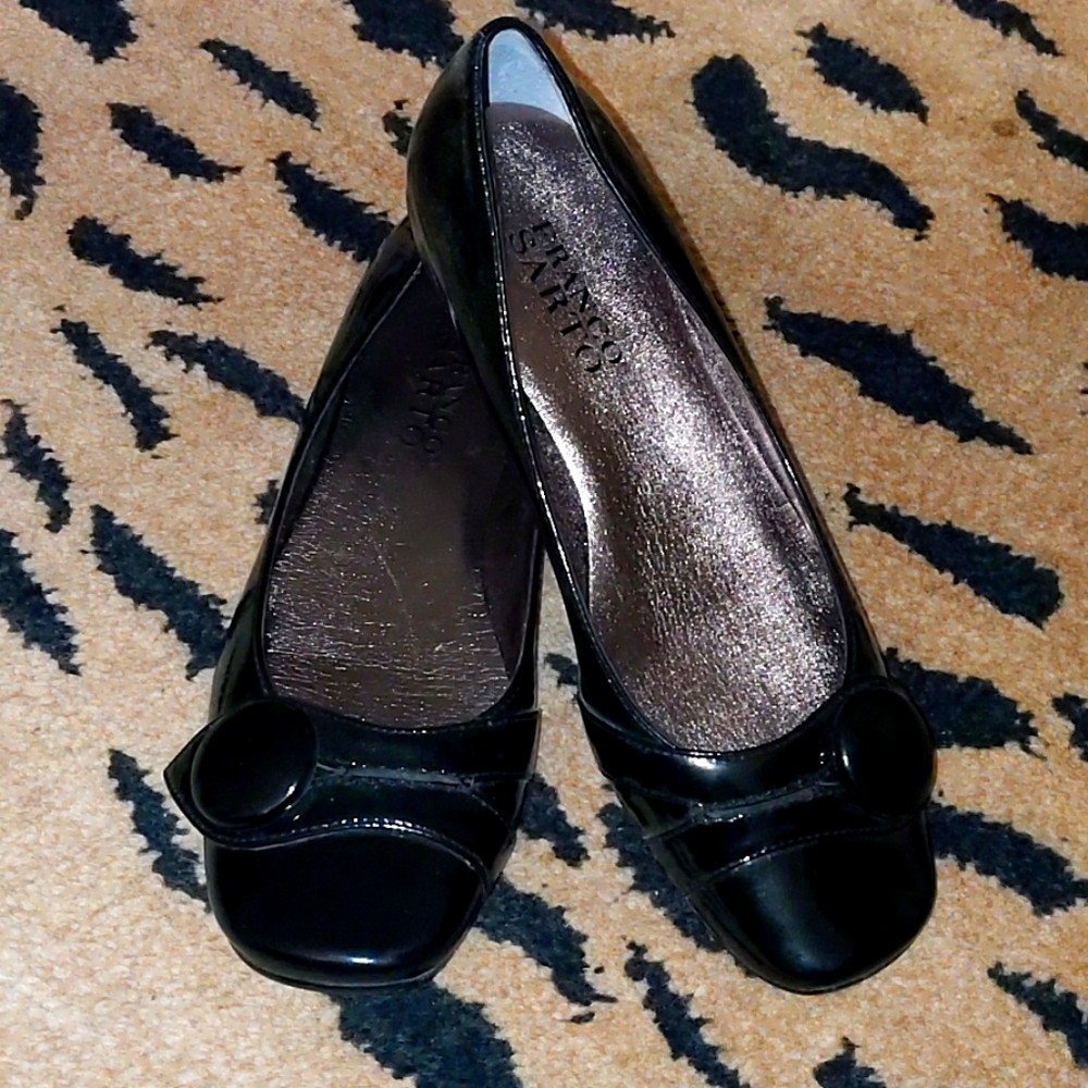 Black patent leather flats with big button flap